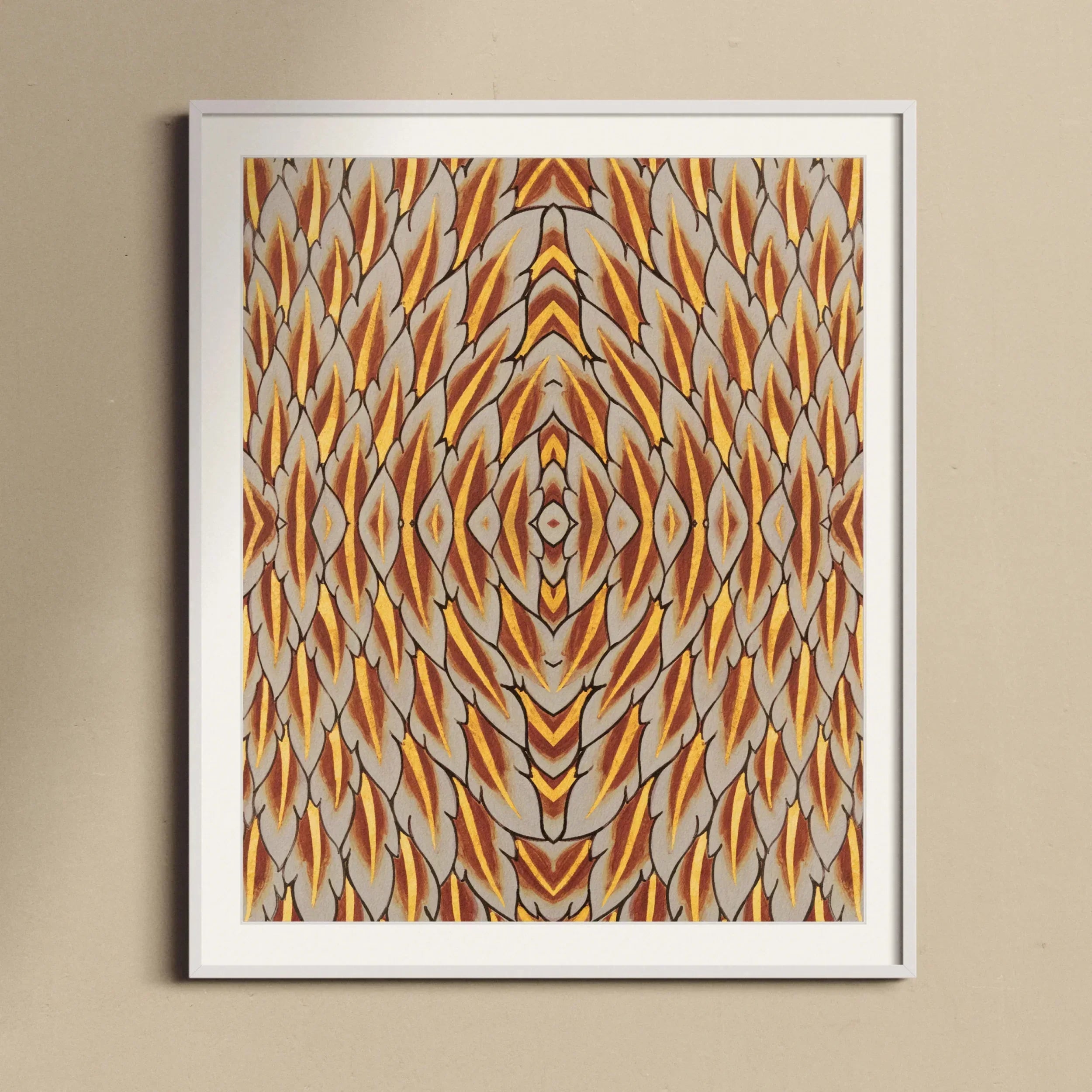 Featherweight Champion Trippy Thai Garuda Art Print, Framed Abstract Art Piece Symmetrical Orange Brown Gray