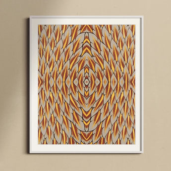 Featherweight Champion - Trippy Thai Garuda Art Print, Framed Abstract Art Piece Symmetrical Orange Brown Gray