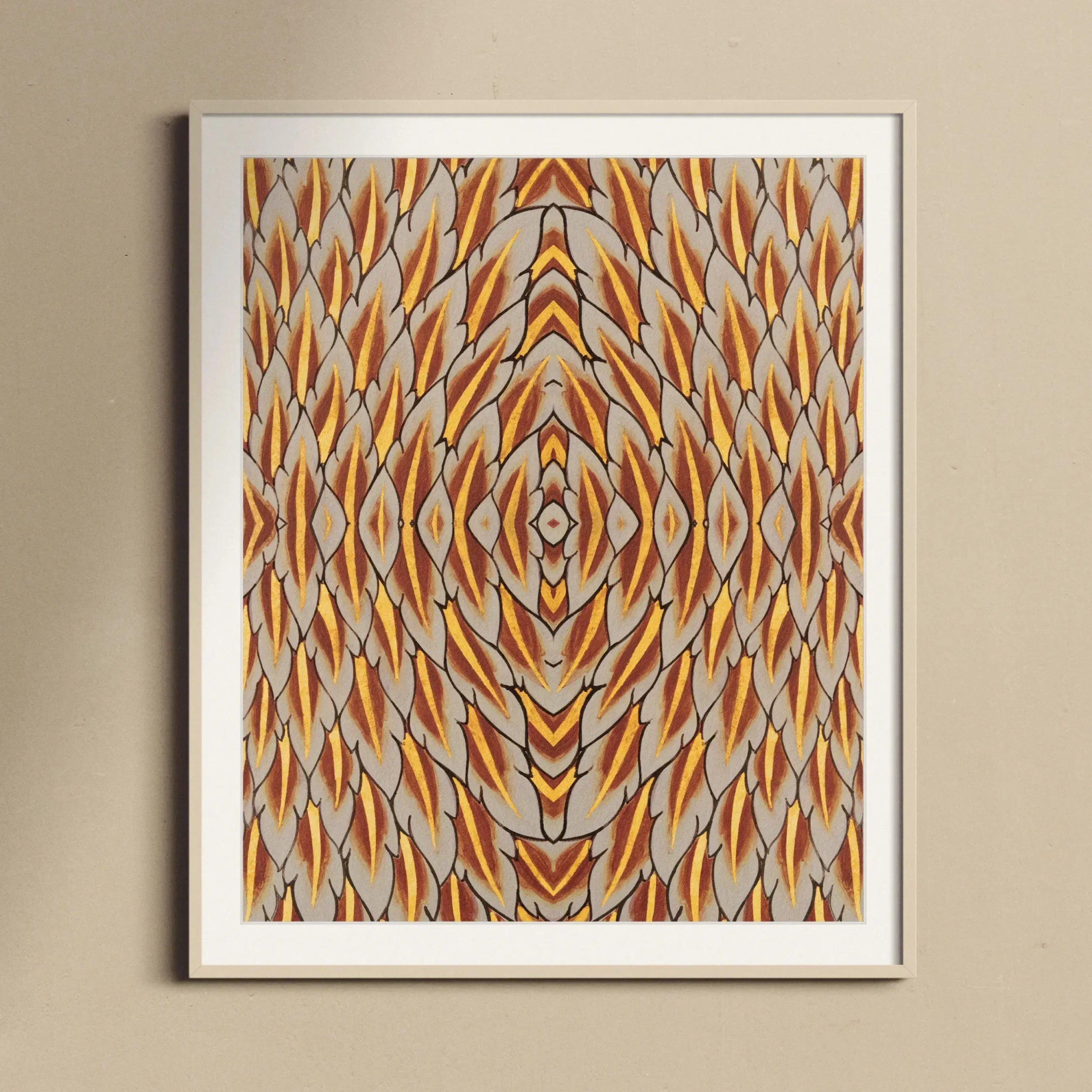 Featherweight Champion Trippy Thai Garuda Art Print, Framed Abstract Art Print Symmetrical Pattern Orange Brown