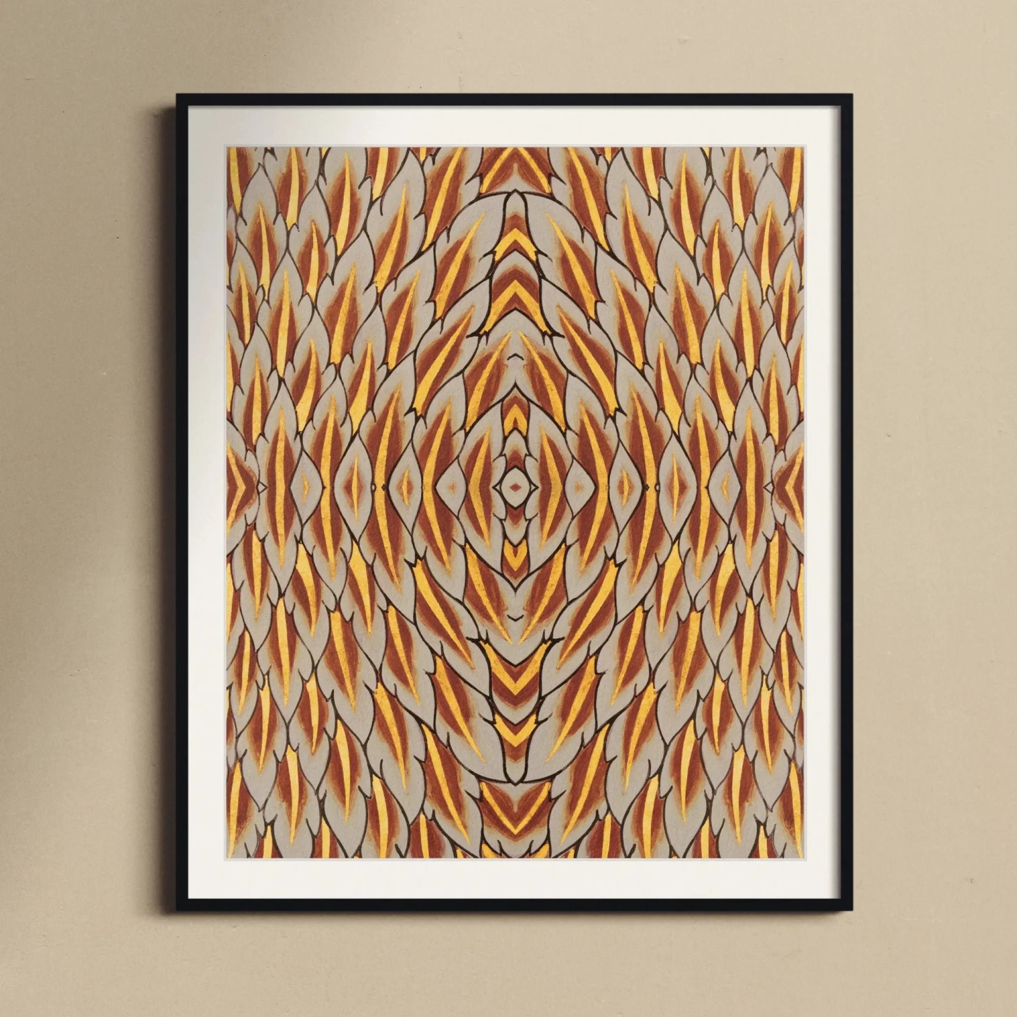 Featherweight Champion - Trippy Thai Garuda Art Print, Framed Abstract Art Print Symmetrical Pattern Orange Brown