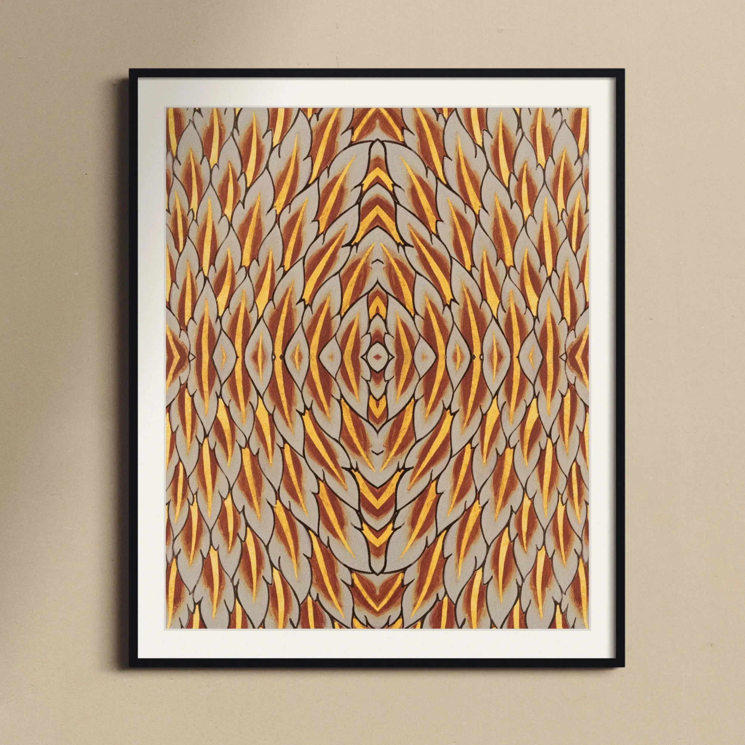 Featherweight Champion Trippy Thai Garuda Art Print, Framed Abstract Art Print Symmetrical Pattern Orange Brown