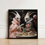 Framed Artwork Two Whimsical White Horned Creatures Ornate Lowbrow Alien Renaissance, Art, Phantasmagoric Feast