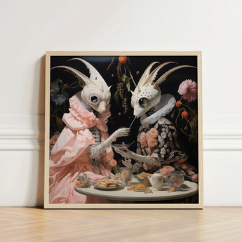 Framed Artwork Two Whimsical White-skinned Creatures Long Horns Lowbrow Alien Renaissance, Art, Phantasmagoric Feast
