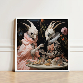 Framed Artwork Two Ornate White Horned Creatures Elaborate Lowbrow Alien Renaissance, Art, Phantasmagoric Feast