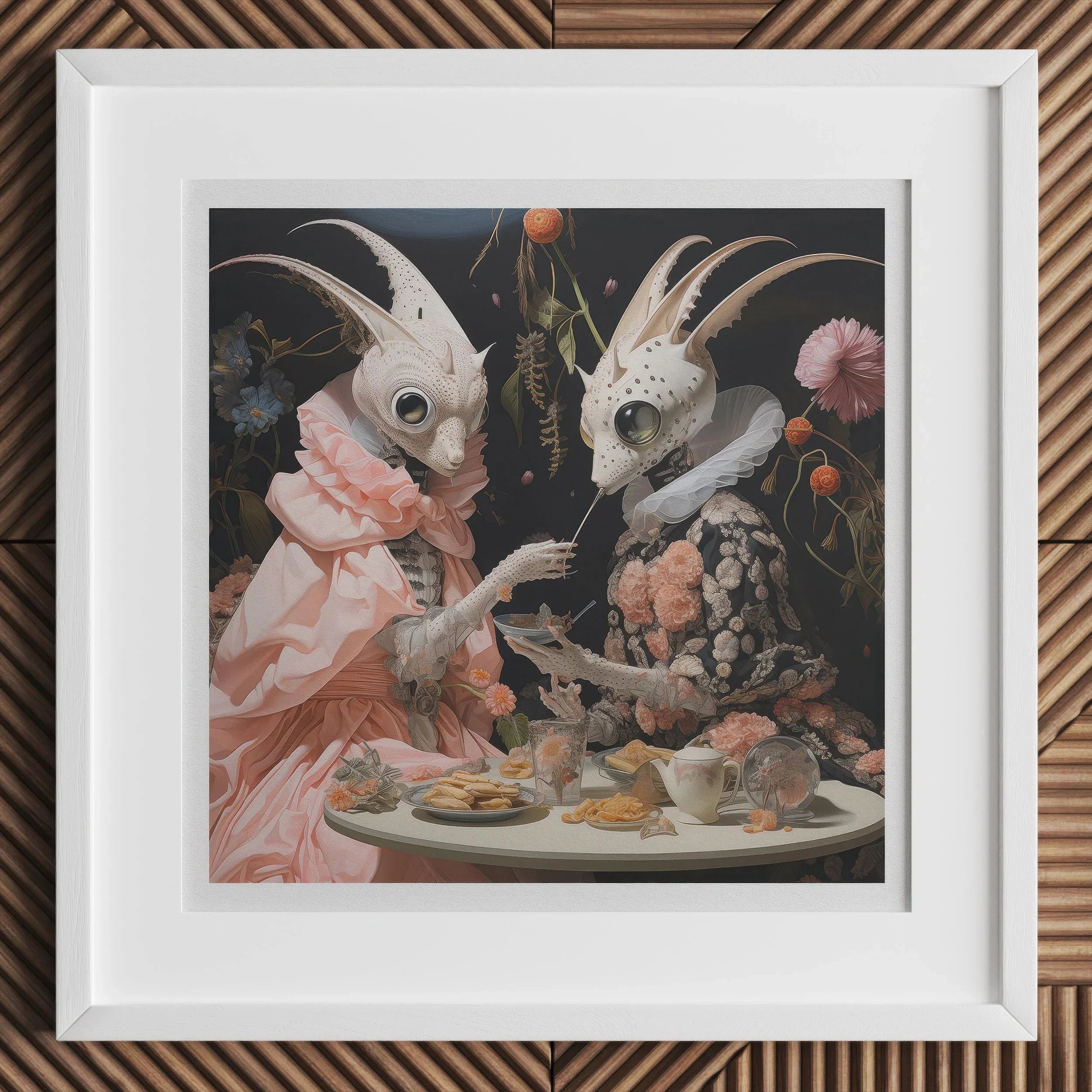 Feeding Frenzy - Lowbrow Alien Art Print, Framed Surrealist Artwork Two Anthropomorphic Rabbit-like Creatures Tea