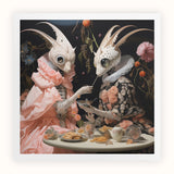 Feeding Frenzy - Lowbrow Alien Art Print, Surreal Painting Two Anthropomorphic Rabbit-like Creatures Tea Party