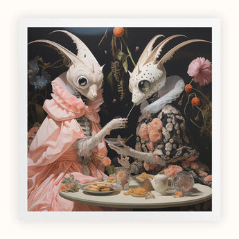 Feeding Frenzy - Lowbrow Alien Art Print, Surreal Painting Two Anthropomorphic Rabbit-like Creatures Tea Party