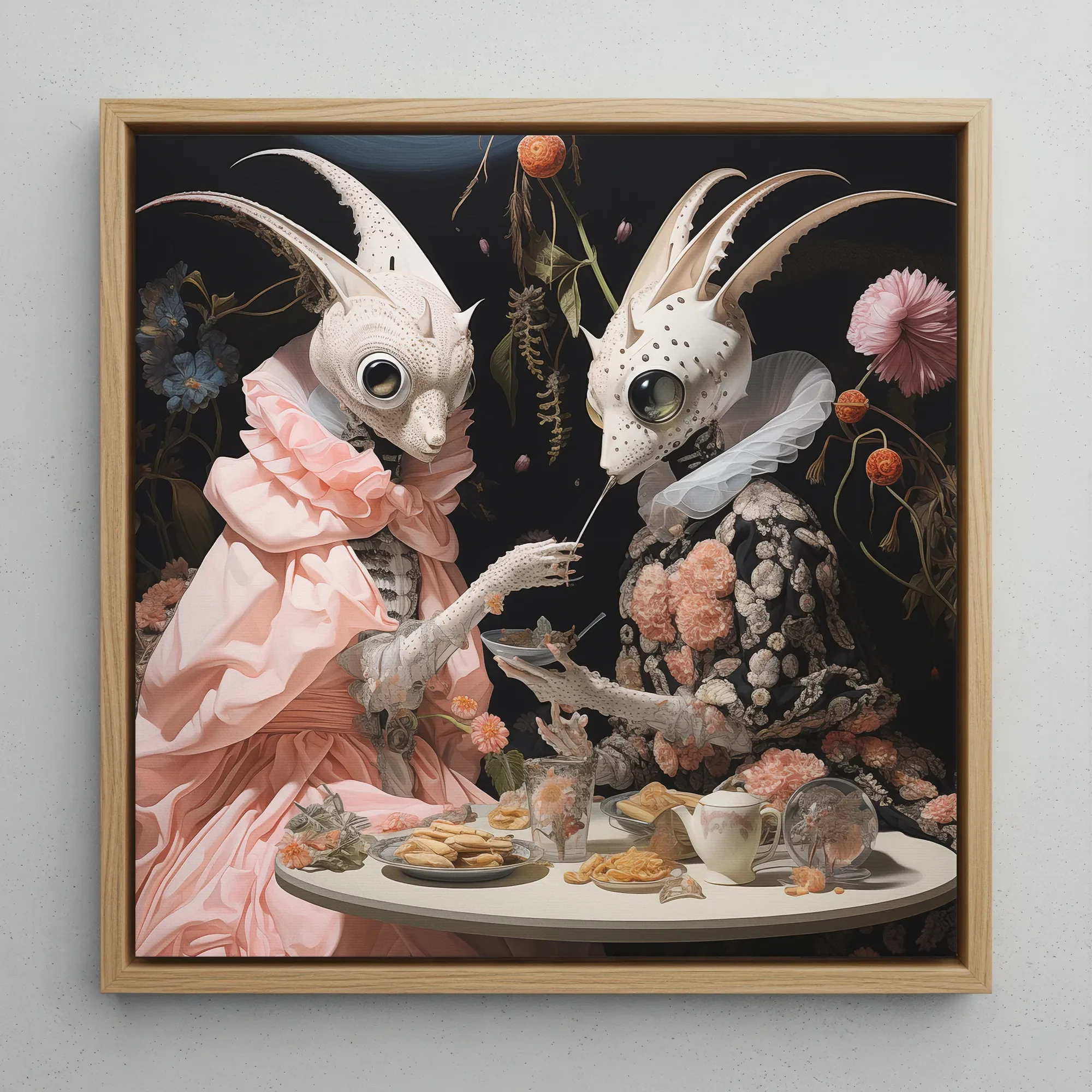 Feeding Frenzy - Surreal Lowbrow Alien Framed Canvas, 12x12’’ / 31x31cm / Natural Floating Frame, Surreal Painting Two Anthropomorphic