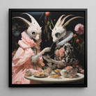 Feeding Frenzy - Surreal Lowbrow Alien Framed Canvas, 12’’x12’’ / Black Floating Frame, Whimsical Rabbit-like Creatures Ornate Dresses Tea