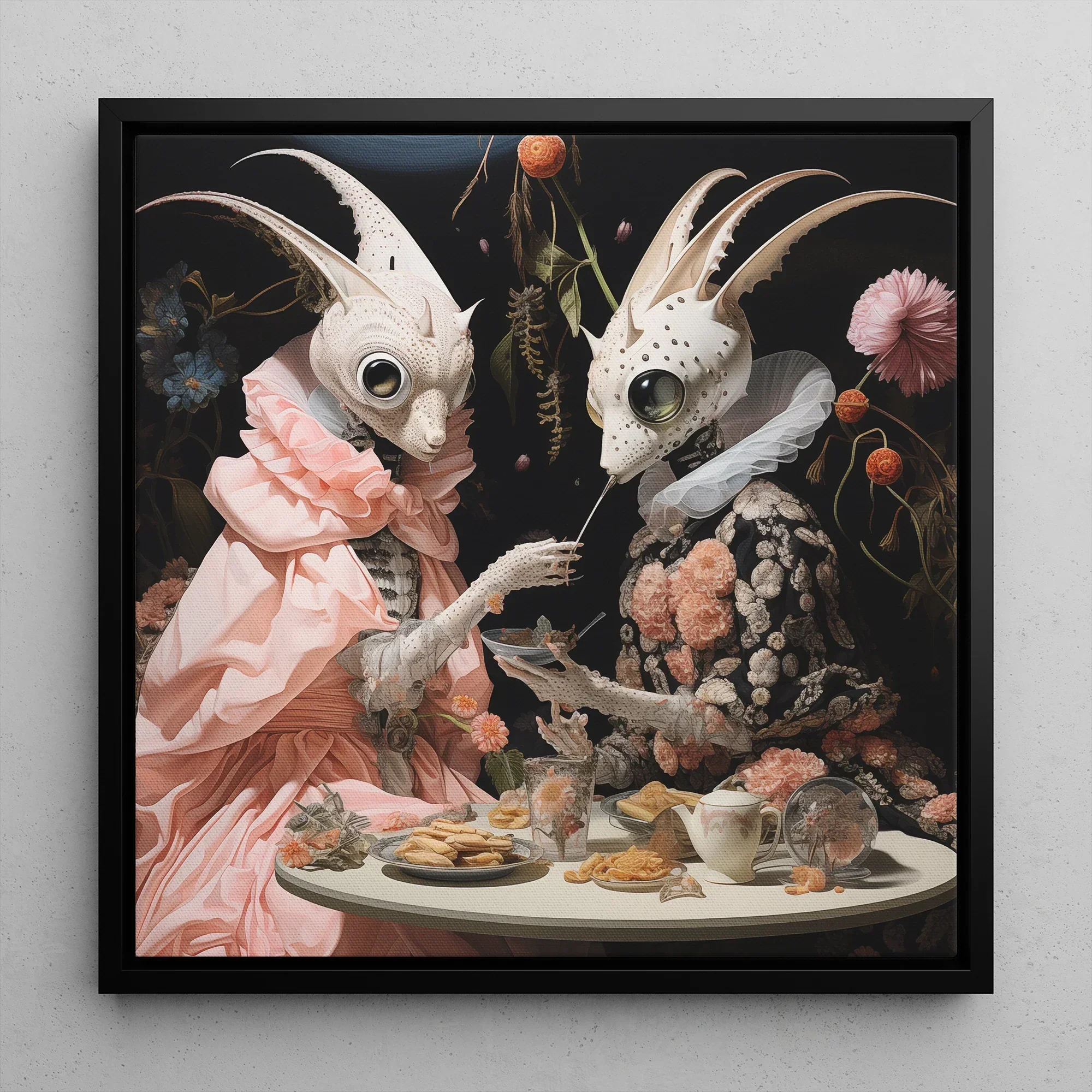 Feeding Frenzy - Surreal Lowbrow Alien Framed Canvas, 12’’x12’’ / Black Floating Frame, Whimsical Rabbit-like Creatures Ornate Dresses Tea