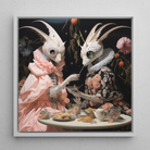 Feeding Frenzy - Surreal Lowbrow Alien Framed Canvas, 12’’x12’’ / White Floating Frame, Whimsical Rabbit-like Creatures Tea