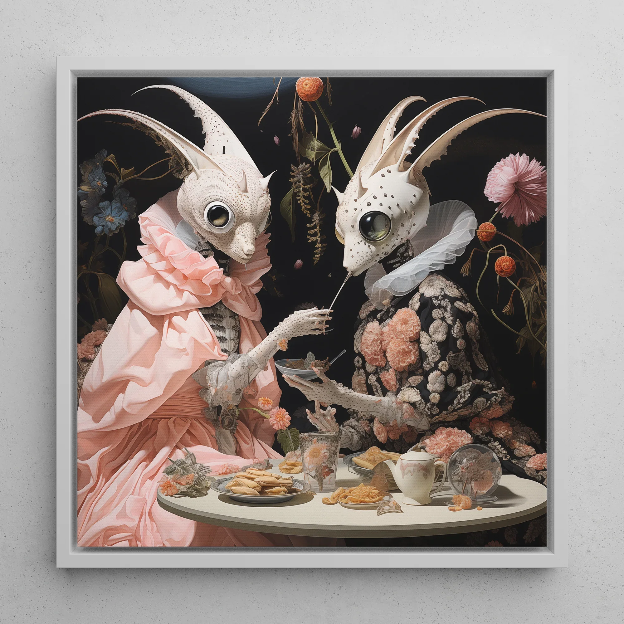 Feeding Frenzy - Surreal Lowbrow Alien Framed Canvas, 12’’x12’’ / White Floating Frame, Whimsical Rabbit-like Creatures Tea