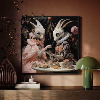 Feeding Frenzy - Surreal Lowbrow Alien Framed Canvas, Framed Anthropomorphic Rabbit Tea Party Artwork