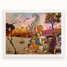 Feeding Time Surreal Japanese Ritual Collage Art Print, Surreal Collage Colorful Patchwork Patterned Figure Fern Like Headdress Fantastical