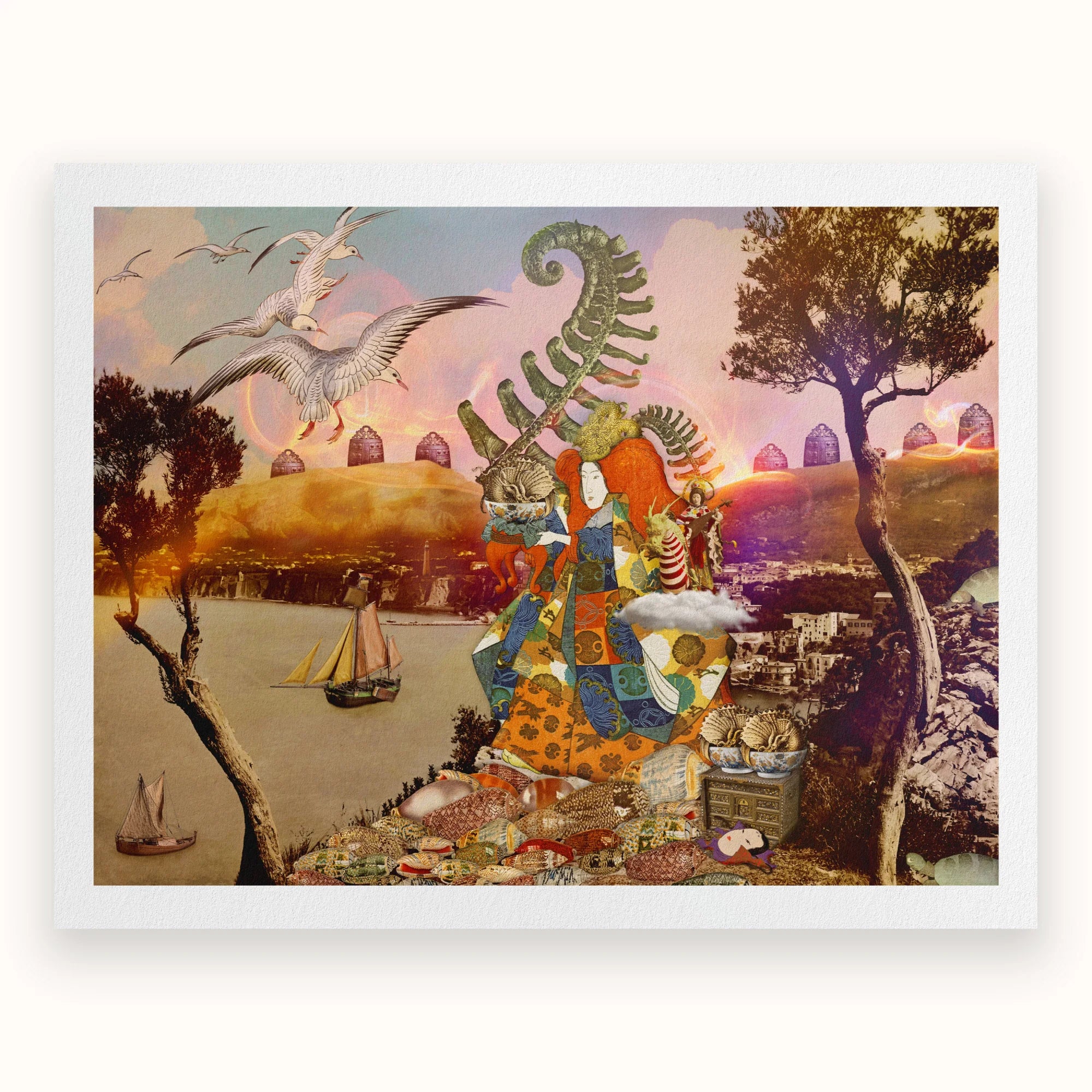 Feeding Time - Surreal Japanese Ritual Collage Art Print, Surreal Collage Colorful Patchwork-patterned Figure Fern-like Headdress