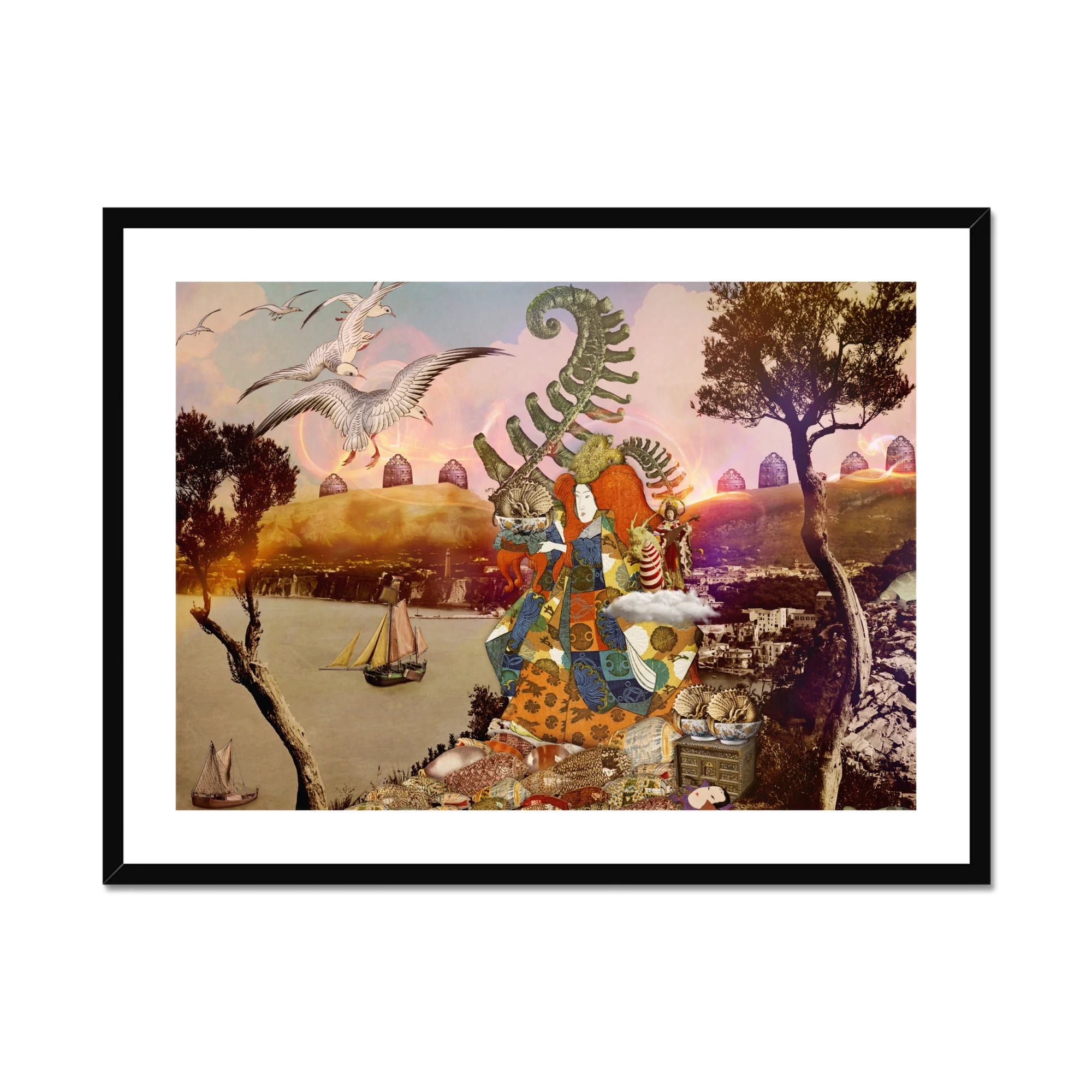 Feeding Time - Surreal Japanese Ritual Collage Art Print, Framed Surreal Collage