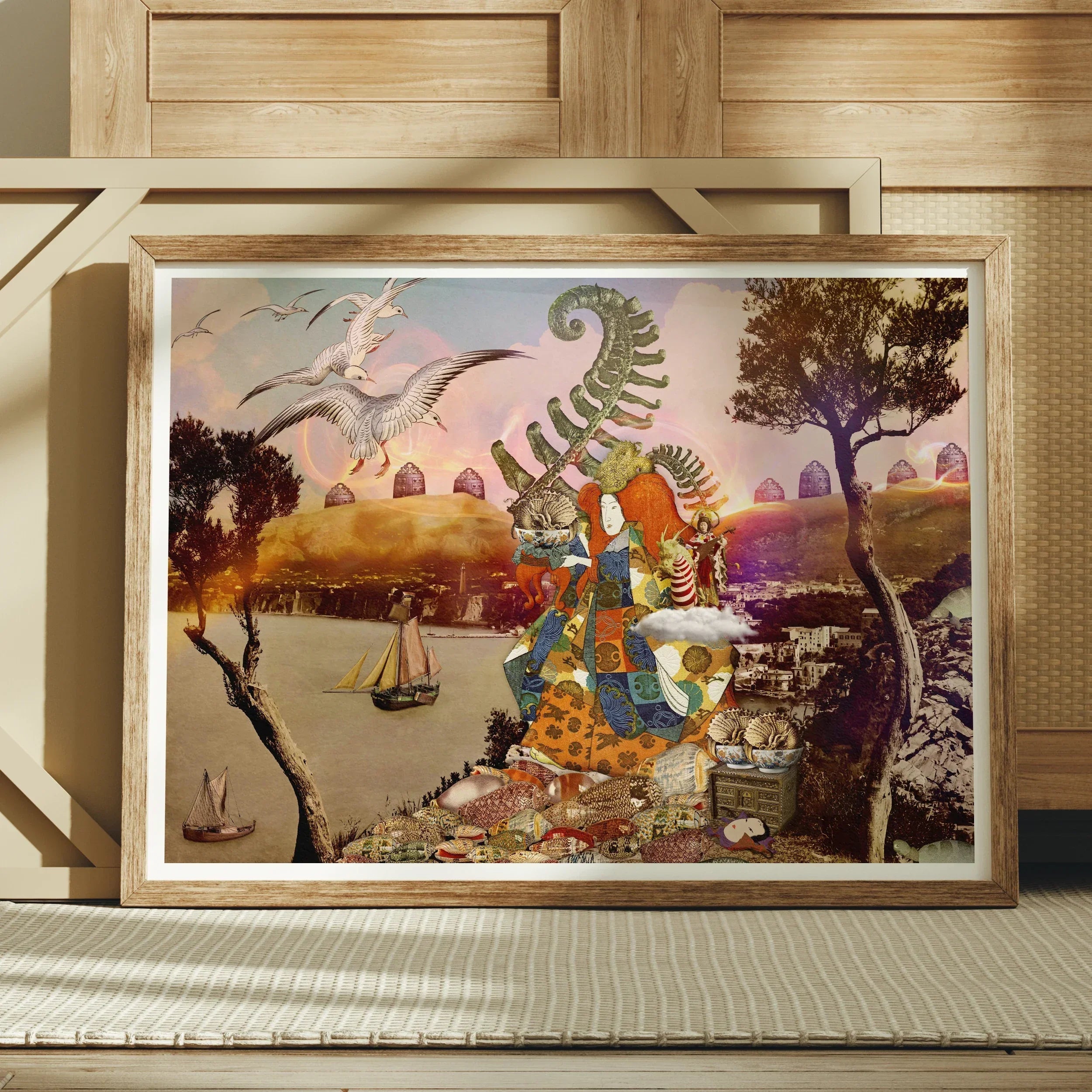 Feeding Time Surreal Japanese Ritual Collage Art Print, Framed Artwork Colorful Whimsical Landscape Stylized Figures Fantastical