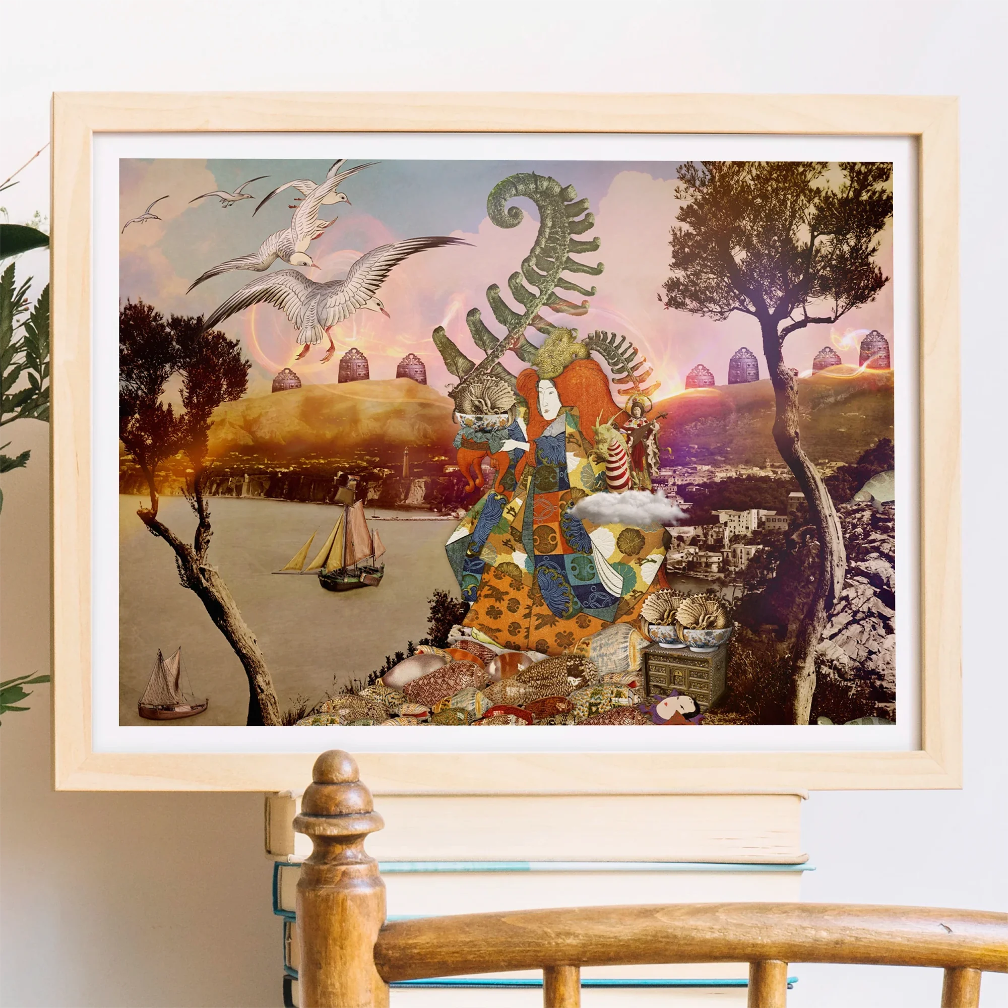 Feeding Time - Surreal Japanese Ritual Collage Art Print, Framed Whimsical Artwork Fantasy Figures Birds Dreamlike Landscape