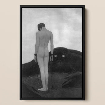 Feeling of Dependency - Sascha Schneider Art Print / Canvas Black-framed Black-and-white Artwork Nude Figure Chained Dark Eye-like Sascha