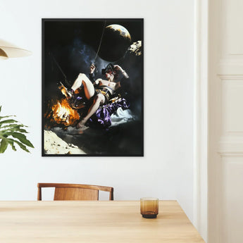 Feet to the Fire - Surreal Gay Pirate Fantasy Art Print / Canvas Black-framed Artwork Dramatic Scene Figure Purple Gold Attire Surreal Gay