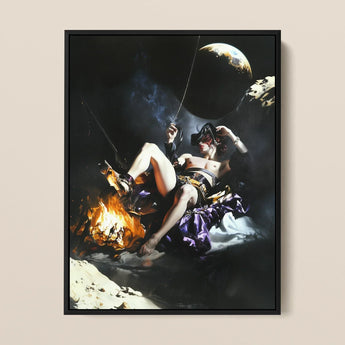 Feet to the Fire - Surreal Gay Pirate Fantasy Art Print / Canvas Black-framed Artwork Dramatic Scene Figure Purple Gold Attire Surreal Gay