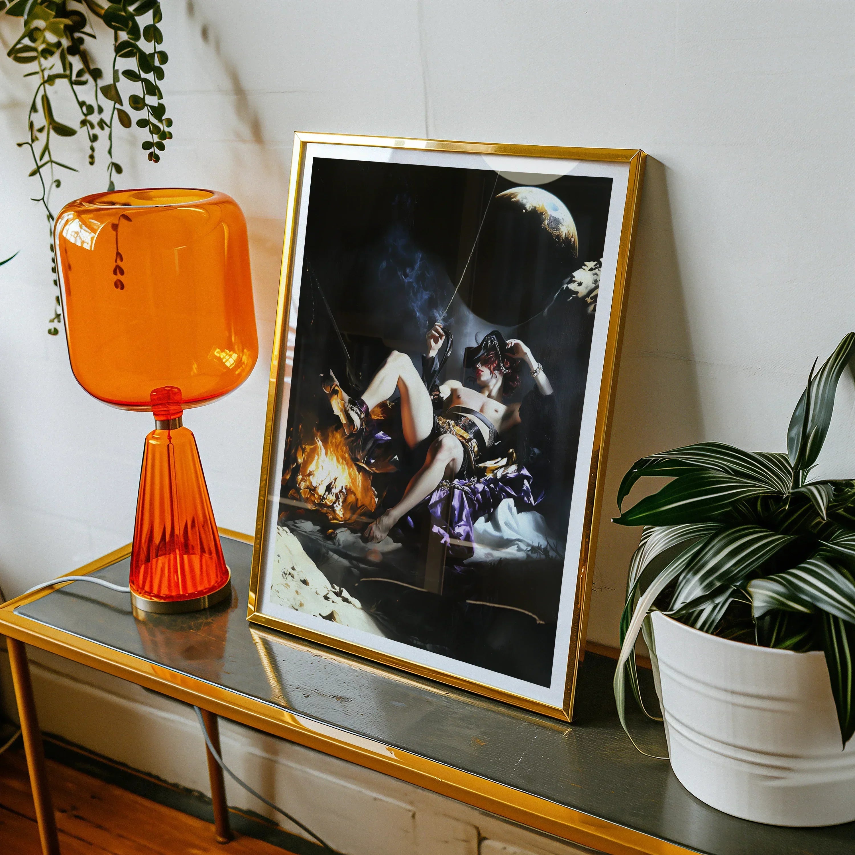 Feet to the Fire - Surreal Gay Pirate Fantasy Art Print, Framed Fantasy Artwork Dramatic Scene Figures Dark Background