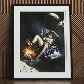 Feet to the Fire - Surreal Gay Pirate Fantasy Art Print, Framed Artwork Surreal Scene Figure Campfire Umbrella Dreamlike