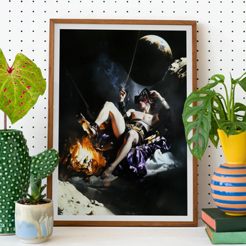 Feet to the Fire - Surreal Gay Pirate Fantasy Art Print, Framed Surrealist Artwork Figure Fantastical Space Scene Celestial