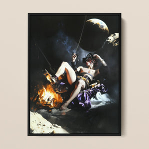 Feet to the Fire - Surreal Gay Pirate Fantasy Framed Canvas, 12x16’’ / 31x41cm / Black Floating Frame, Framed Surreal Space Art