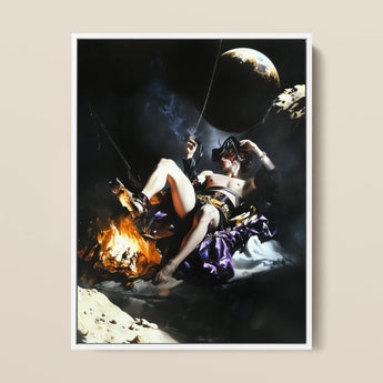 Feet to the Fire - Surreal Gay Pirate Fantasy Framed Canvas, 12x16’’ / 31x41cm / White Floating Frame, Person Bare Chest Elaborate Headwear