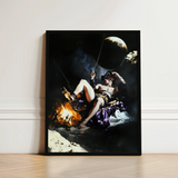 Black-framed Artwork Dramatic Fiery Scene Figure Purple Gold Surreal Gay Pirate, Queer Fantasies Ignites, Fantasy