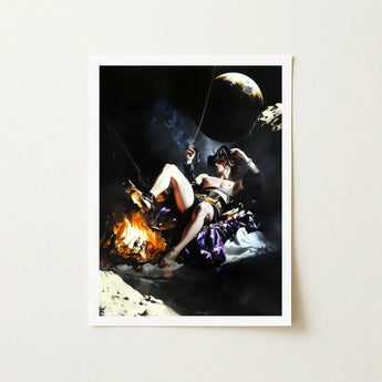 Feet to the Fire - Surreal Gay Pirate Fantasy Art Print / Canvas Framed Artwork Dramatic Scene Figure Purple Gold Attire, Queer Fantasies