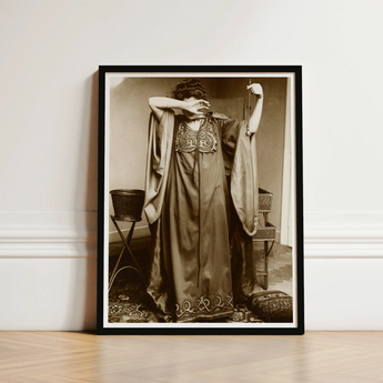 Female Model Standing - Alphonse Mucha Art Print / Canvas Black-framed Sepia-toned Photographic Woman Ornate Long-sleeved Gown Inside