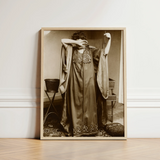 Female Model Standing - Alphonse Mucha Art Print / Canvas Sepia-toned Framed Photograph Woman Ornate Gown Intricate Embroidery Inside