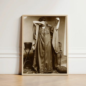 Female Model Standing - Alphonse Mucha Art Print / Canvas Sepia-toned Framed Photograph Woman Ornate Gown Intricate Embroidery Inside