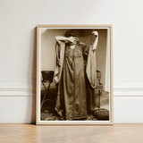 Female Model Standing - Alphonse Mucha Art Print / Canvas Sepia-toned Framed Photograph Woman Ornate Long-sleeved Gown Intricate Inside