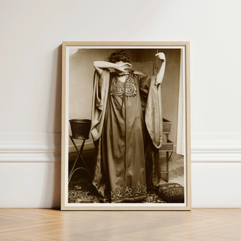 Female Model Standing - Alphonse Mucha Art Print / Canvas Sepia-toned Framed Photograph Woman Ornate Long-sleeved Gown Intricate Inside