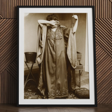 Female Model Standing - Alphonse Mucha Art Print / Canvas Black-framed Sepia-toned Photographic Print Woman Ornate Long-sleeved Gown Inside