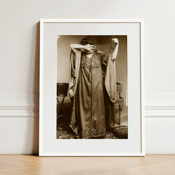 Female Model Standing - Alphonse Mucha Art Print / Canvas Sepia-toned Framed Photograph Woman Ornate Long Gown Intricate Inside Mucha’s