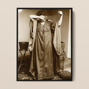 Female Model Standing - Alphonse Mucha Art Print / Canvas Sepia-toned Framed Photograph Woman Ornate Long-sleeved Gown Intricate Inside