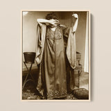Female Model Standing - Alphonse Mucha Art Print / Canvas Sepia-toned Vintage Photograph Woman Ornate Long-sleeved Gown Intricate Inside