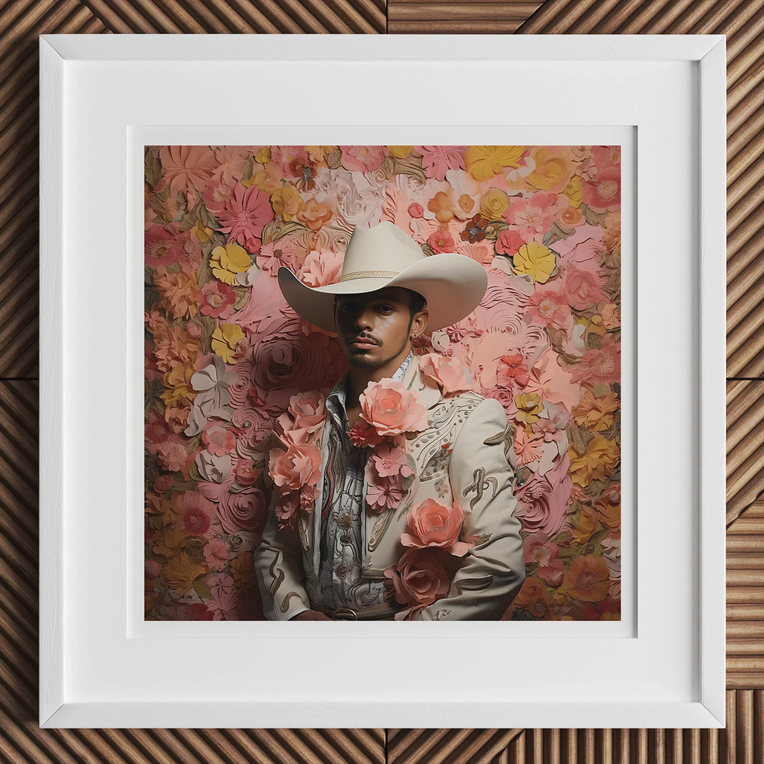 Fernando - Gay Mexican Vaquero Art Print, 12x12’’ / 31x31cm / White Frame, Framed Artwork Cowboy Pink Floral Backdrop