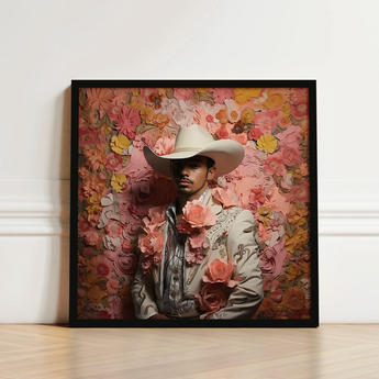 Framed Portrait Man White Cowboy Hat Light-colored Embroidered Gay Mexican Vaquero, Elegant Latino Outlaw’s, Vintage