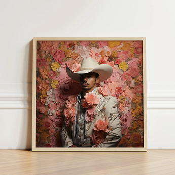 Framed Portrait Man White Cowboy Hat Ornate Light Gay Mexican Vaquero, Elegant Latino Outlaw’s, Vintage