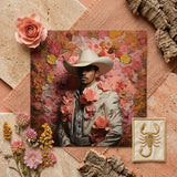 Fernando - Gay Mexican Vaquero Art Print / Canvas Cream-colored Embroidered Scorpion Patch Golden Thread, Elegant Latino Outlaw’s, Vintage
