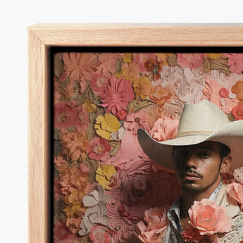 Framed Portrait Man White Cowboy Hat Surrounded Layered Gay Mexican Vaquero, Elegant Latino Outlaw’s, Vintage