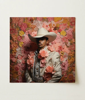 Square-framed Portrait Man Off-white Cowboy Hat Light Gray Gay Mexican Vaquero, Elegant Latino Outlaw’s, Vintage