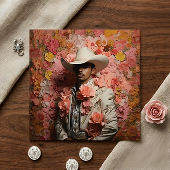 Fernando - Gay Mexican Vaquero Art Print / Canvas Square Vibrant Floral-themed Photo Print Man White Cowboy Gay Mexican Vaquero, Elegant