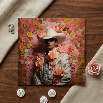 Fernando - Gay Mexican Vaquero Art Print / Canvas Square Vibrant Floral-themed Photo Man White Cowboy, Elegant Latino Outlaw’s, Vintage