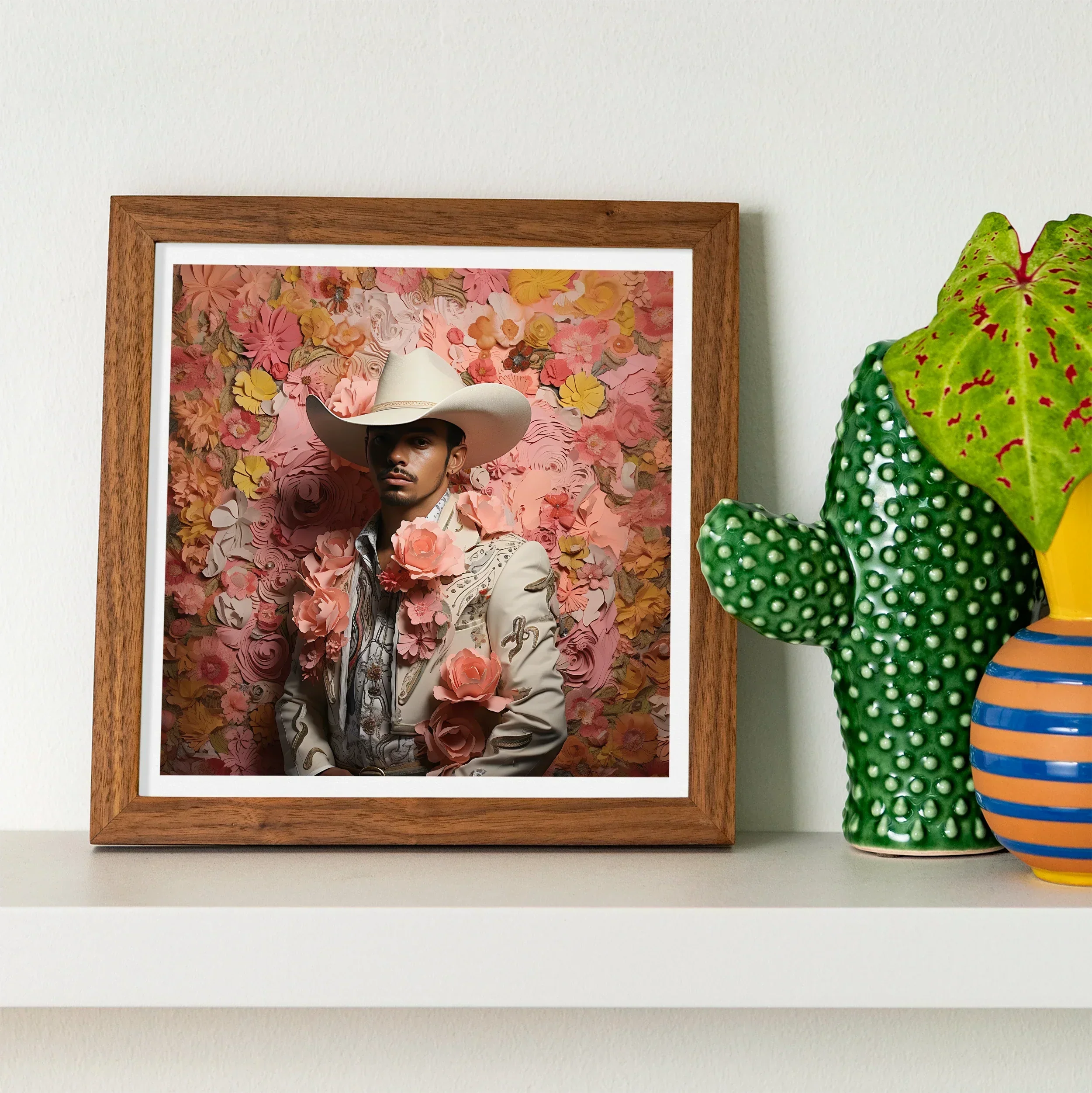 Fernando - Gay Mexican Vaquero Art Print, Framed Artwork Figure Cowboy Hat Pink Floral Background